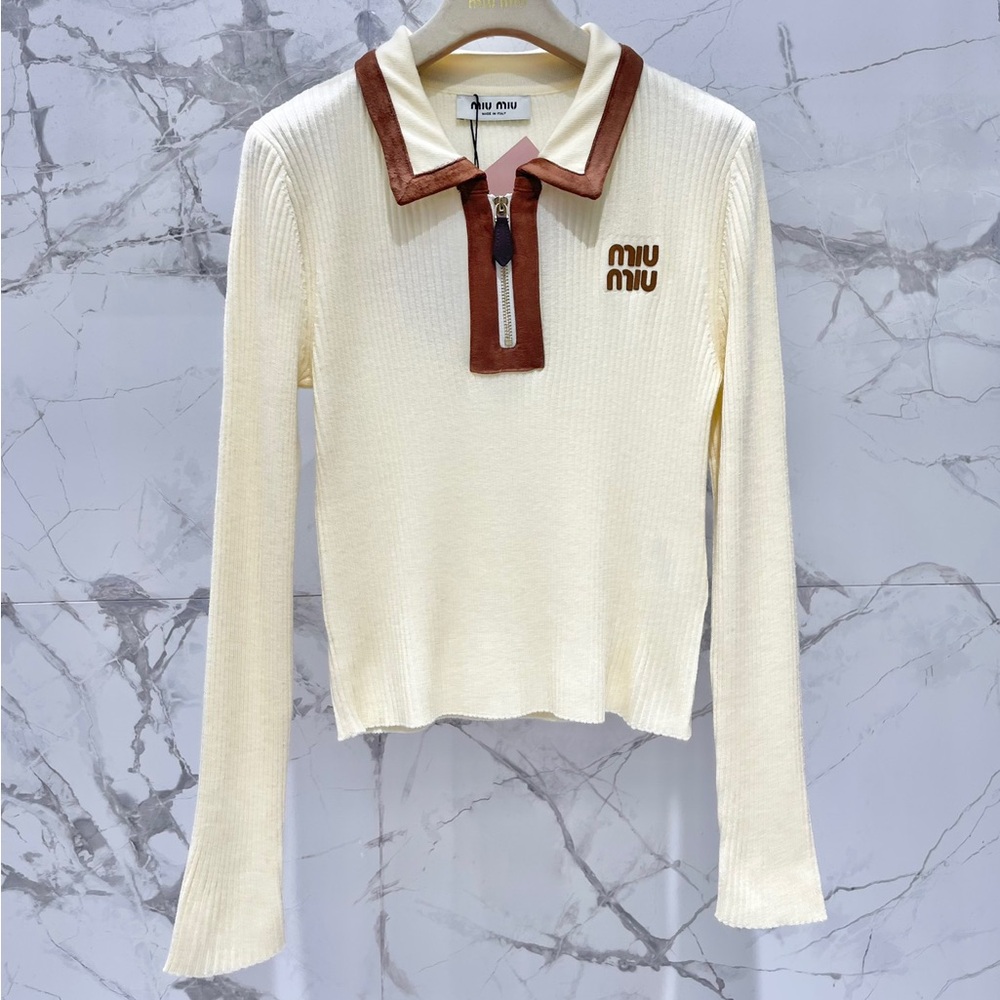 MIU MIU Collared Letter Long-Sleeve Knit Sweater